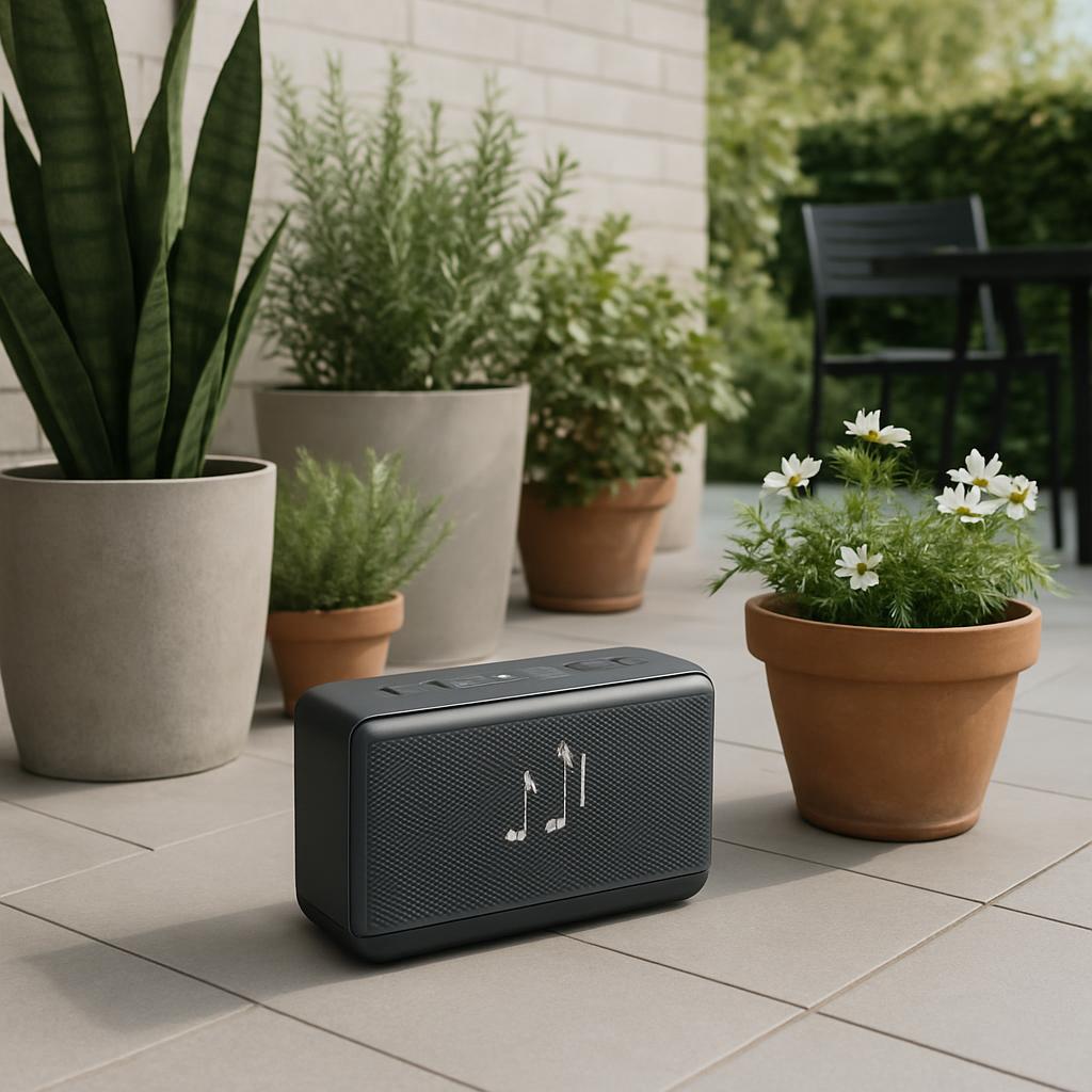 An image of a small, modern, wireless, battery-powered black portable radio with a large, flat top, a simulated fabric gri...